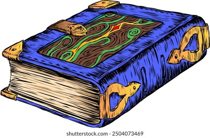 Un grueso libro azul con esquinas de cobre en una encuadernación de cuero cosido hecha de cuero curtido de animales mágicos ahora inexistentes. Ilustración de Vector Un libro azul grueso con esquinas de cobre en