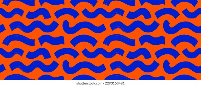 Thick blue waves on orange background. Seamless horizontal banner with geometric bold shapes. Brush drawn curved bold lines. Wavy strokes bright color seamless pattern. Abstract geometric banner.