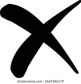 Ein dickes, kräftiges, handgezeichnetes 'X' Zeichen in massivem Schwarz. Dieses Grafiksymbol stellt eine Negation, einen Fehler oder eine falsche Antwort dar, die mit einem dynamischen Pinselstrich-Effekt dargestellt wird.