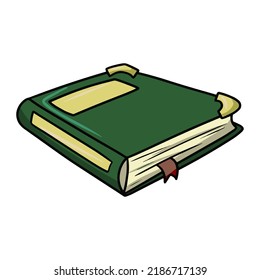 A thick book in a green leather cover with a red bookmark, a vector illustration in cartoon style on a white background