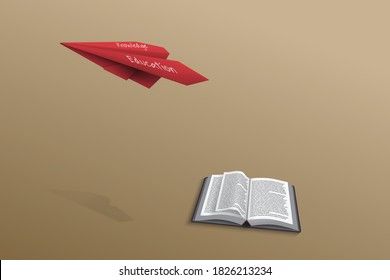 Thick book on navy green background was opened and its pages swayed and a red paper plane flying over the book on brown background concept about education and the benefits of reading. 