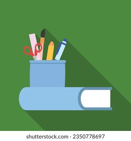 Thick book with pen holder flat icon with long shadow. Simple Literature icon pictogram vector illustration. Writing, document, reading, bookworm, authorship, literature concept. Logo design