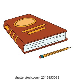 Thick book with rich cover and pencil