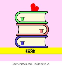 Thick books of different colors and a heart on top, with bold text on pink background to celebrate National Book Lovers Day on August 9