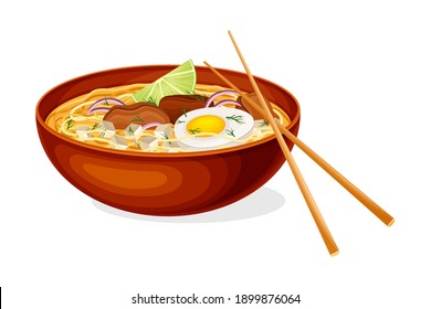 Thick Broth with Noodles, Meat and Boiled Egg as Asian Savoury Soup Served in Bowl with Chopsticks Vector Illustration