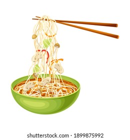 Thick Broth with Noodles and Mushrooms as Asian Savoury Soup Served in Bowl with Chopsticks Vector Illustration