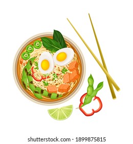 Thick Broth with Seafood, Boiled Egg and Noodles as Asian Savoury Soup Served in Bowl with Chopsticks Above View Vector Illustration