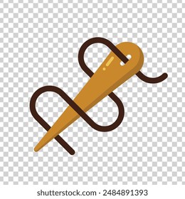 Thick brown needle and pieces of thread on isolated background. Classic sewing tool with a sharp pointed metal needle. Icon graphic for craft, tailor equipment, and sewing tools.