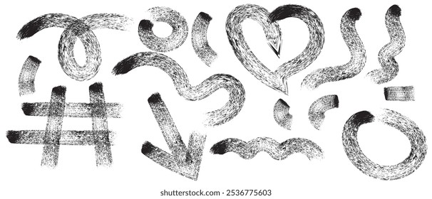 Thick brush drawn colorful squiggles, heart, arrow and grid. Bold geometric shapes in grunge doodle and punk style for banner, print or collage. Funky naive