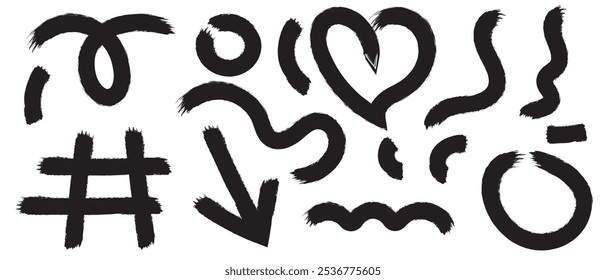 Thick brush drawn colorful squiggles, heart, arrow and grid. Bold geometric shapes in grunge doodle and punk style for banner, print or collage. Funky naive