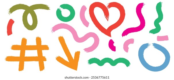 Thick brush drawn colorful squiggles, heart, arrow and grid. Bold geometric shapes in grunge doodle and punk style for banner, print or collage. Funky naive
