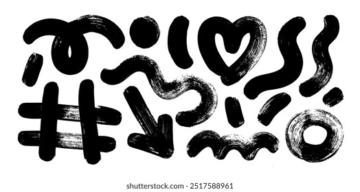 Thick brush drawn squiggles, heart, arrow and grid. Bold geometric shapes in grunge doodle and punk style for banner, print or collage. Funky naive doodle shapes and figures. Vector elements.