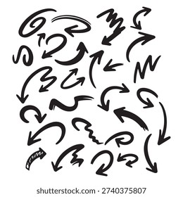 Thick brush strokes, textured ink pointers, wavy direction markers, messy sketch elements, creative vector graphics