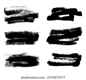 Thick Brush Strokes Vector Set. Grunge Rectangle Big Paintbrush Texture Set. Hand draw thick brush lines for highlight and underline. Black ink brush strokes