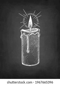 Thick candle burning. Chalk sketch on blackboard background. Hand drawn vector illustration. Retro style.