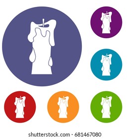 Thick candle icons set in flat circle red, blue and green color for web