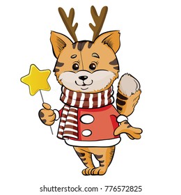 thick cat in Christmas clothes with a star