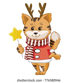 thick cat in Christmas clothes with a star