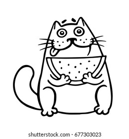 Thick cat with watermelon. Funny cartoon cool character. Isolated vector illustration. White color background. Funny cartoon character.