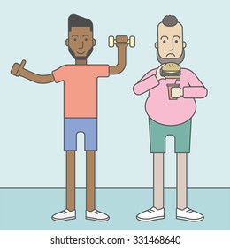 Thick caucasian man standing with hamburger while slim african-american man standing with dumbbell. Vector line design illustration. Lifestyle concept. Square layout.