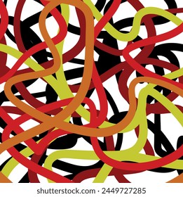 Thick and colored lines or wires snake, twist and tangle into a common heap.