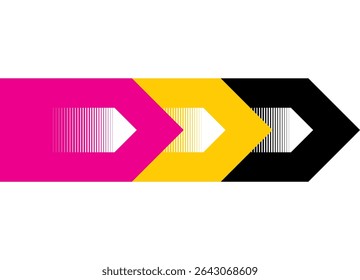 Thick colored Vector arrows on white background. Design element. Direction indicator, Navigation, Dynamic sports pattern. Vector background. Game, Black, yellow, purple