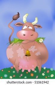 Thick cow chews a green grass