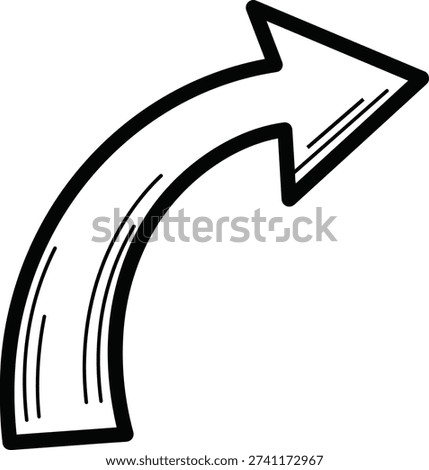 A thick, curved black arrow pointing up and right on a white background. It has several internal lines
