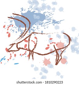Thick deer in the style of imitation of primitive art with the addition of splashes and blots. vector illustration.