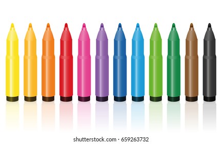 Thick felt tip pens, colorful set, upright standing in a row - isolated vector illustration on white background.