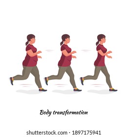 A thick female body transforms into a slender one. Goes in for sports and fitness for weight loss. Run. Healthy lifestyle. Vector illustration.