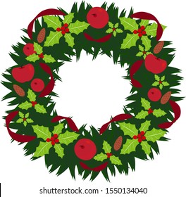 Thick fir wreath with red ribbons, baubles and Christmas decorations. Festive decor. Leaflets, invitations, banners.