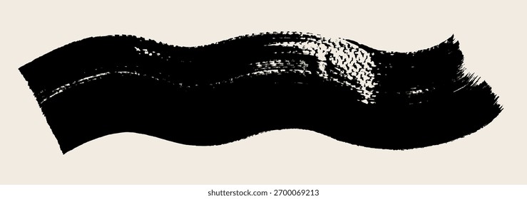 Curso de pincel de onda plana grosso bg. Tela de fundo de textura de pincel de tinta com vetor de linha ondulada. Mão preta desenhada asiática marca-texto caligráfico. Linha de fluxo texturizada de tinta ondulada larga da caligrafia chinesa e japonesa