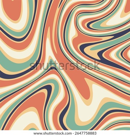 A thick, flowing, and distorted waves of color, creating a sense of motion and depth. Its color palette, consisting of terracotta orange, deep navy blue, pastel green, and a creamy off white.