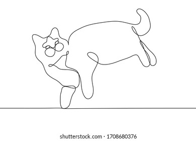 Thick fluffy cat silhouette one continuous line art on a white background. Square vector drawing of a cat lying on its side. The cat looks up, he is relaxed, he is comfortable. For animation,