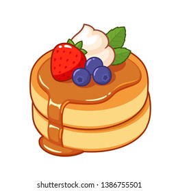 Thick and fluffy Japanese pancakes with syrup, whipped cream and fruit. Traditional breakfast food vector illustration.