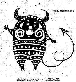 Thick funny monster, black and white greeting card Happy Halloween