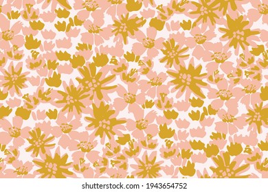 Un jardín de flores pintadas de tres colores que forman bloques de color sólido. Repetición floral simple en rosa, amarillo y blanco. Ideal para la decoración, el tejido, el papel pintado, el envoltorio de regalo, la papelería y el diseño