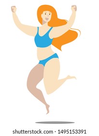 Thick girl in a blue bathing suit jumps. Vector illustration on the theme of bodypositive.