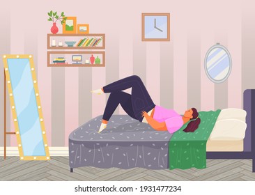 Thick girl puts on skinny jeans lies on bed, young fat woman relaxing in mattress in bedroom. Female character puts on pants while lying on couch at home in living room isolated