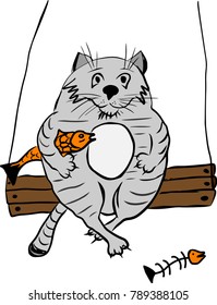 a thick gray cat sitting on a wooden swing with a fish, isolated on a white background