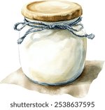 Thick Greek yogurt in a jar watercolor hand painted. Creamy dairy product isolated on white background