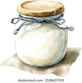 Thick Greek yogurt in a jar watercolor hand painted. Creamy dairy product isolated on white background