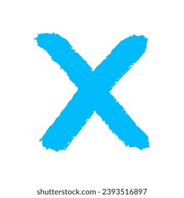 Cruz dibujada a mano de garganta azul grueso, marca de verificación aislada en fondo blanco. Elemento vector minimalista en colores brillantes.