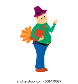 Thick happy man holds in one hand turkey is a holiday Thanksgiving. isolated on white background