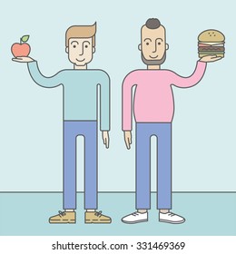 Un hombre de hipster grueso con barba parado con hamburguesa, mientras un hombre caucásico delgado parado con manzana, simbolizando la elección entre comida saludable y no saludable. Ilustración de diseño de línea de vector. Estilo de vida