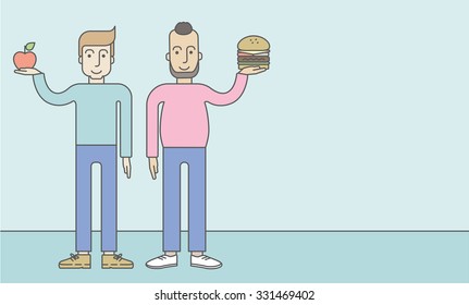 Thick hipster man with beard standing with hamburger while slim caucasian man standing with apple, symbolizing choise between healthy and unhealthy food. Vector line design illustration. Lifestyle