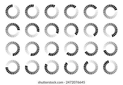 Thick hollow circle segmented into 24 parts buffering icon set. Set of thick hollow circles divided into twenty-four shades of black colour loading, processing or buffering icon- Vector Illustration.