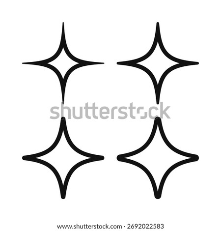Thick hollow, rounded four-point stars. A collection of star-shaped outline symbols with round points. Isolated on a white background.