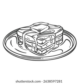 Thick Hong Kong-style toast served with melting butter and sweet condensed milk on a plate. Popular dessert from local cafes. Outline vector illustration for menu, packaging, or retro food design